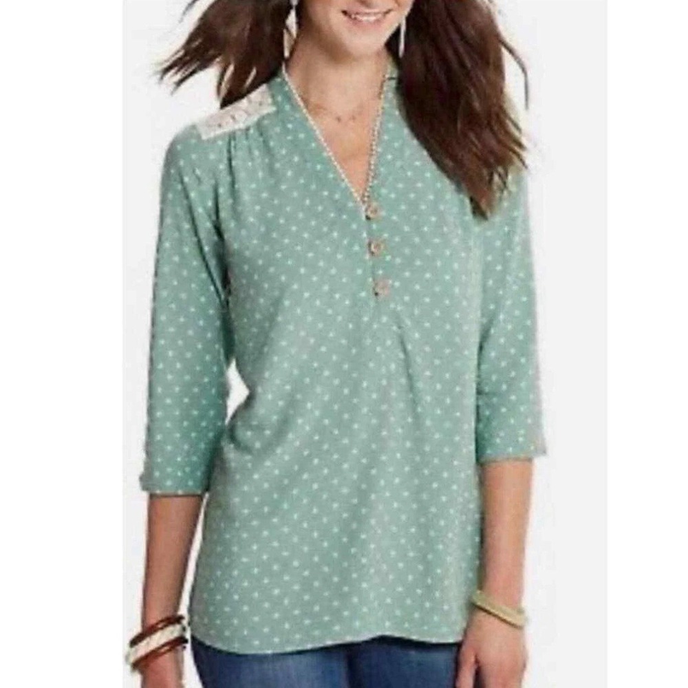 Matilda Jane Women's Green Lace Polka Dot Button Up Top Size Small